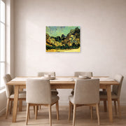 Unframed poster print of Vincent van Gogh's Mountains at Saint Remy with Dark Cottage displayed on a wall in a dining room