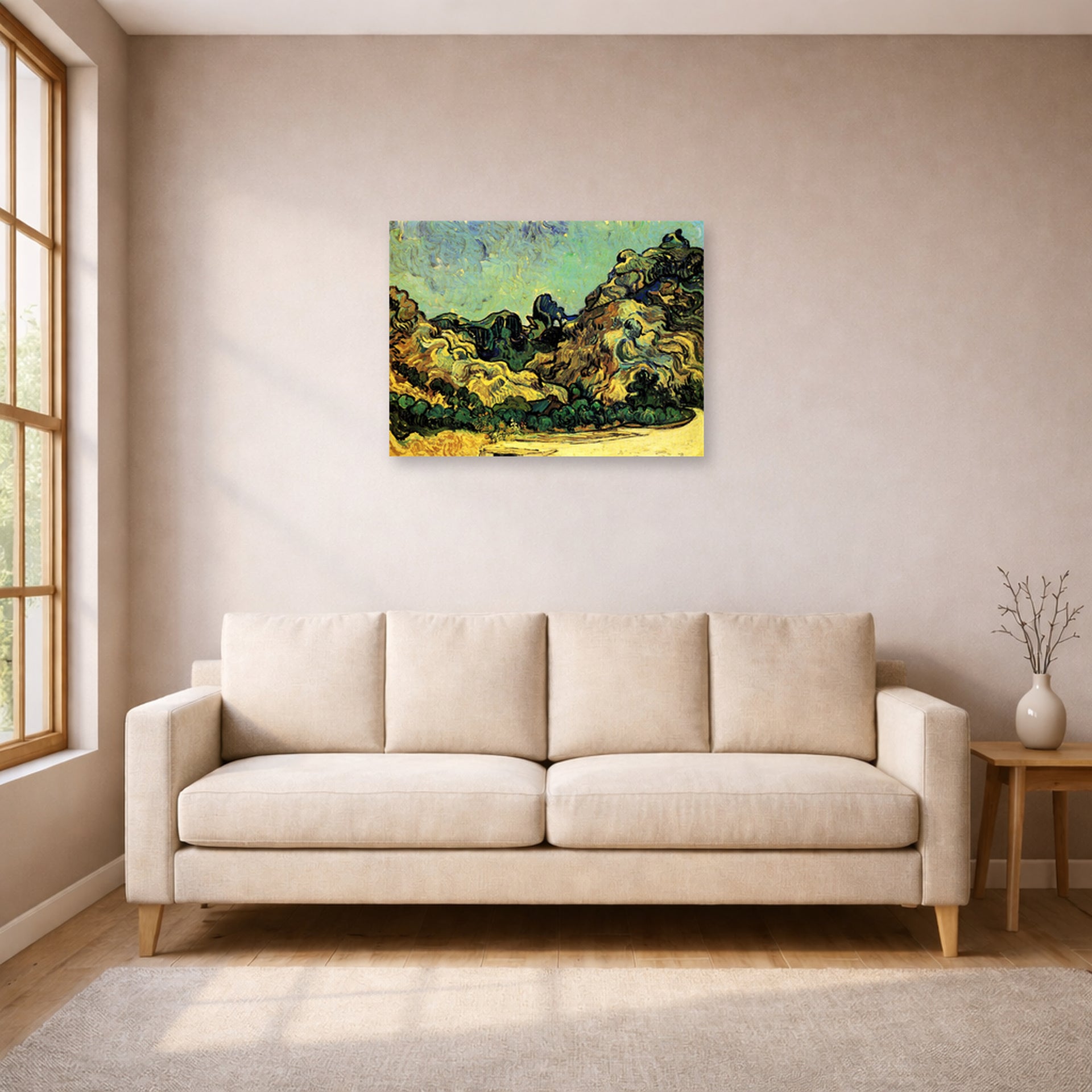Unframed poster print of Vincent van Gogh's Mountains at Saint Remy with Dark Cottage displayed on a wall in a living room