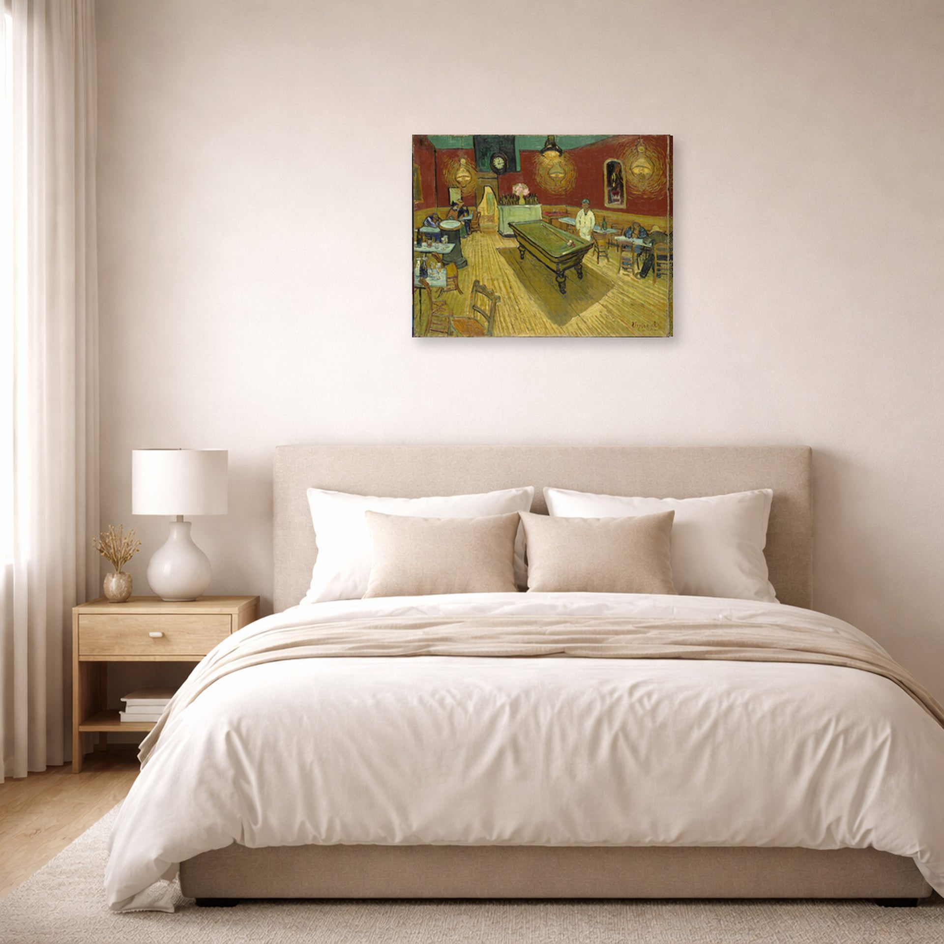 Gallery-wrapped canvas print of Vincent van Gogh's Night Café displayed on a wall in a bedroom