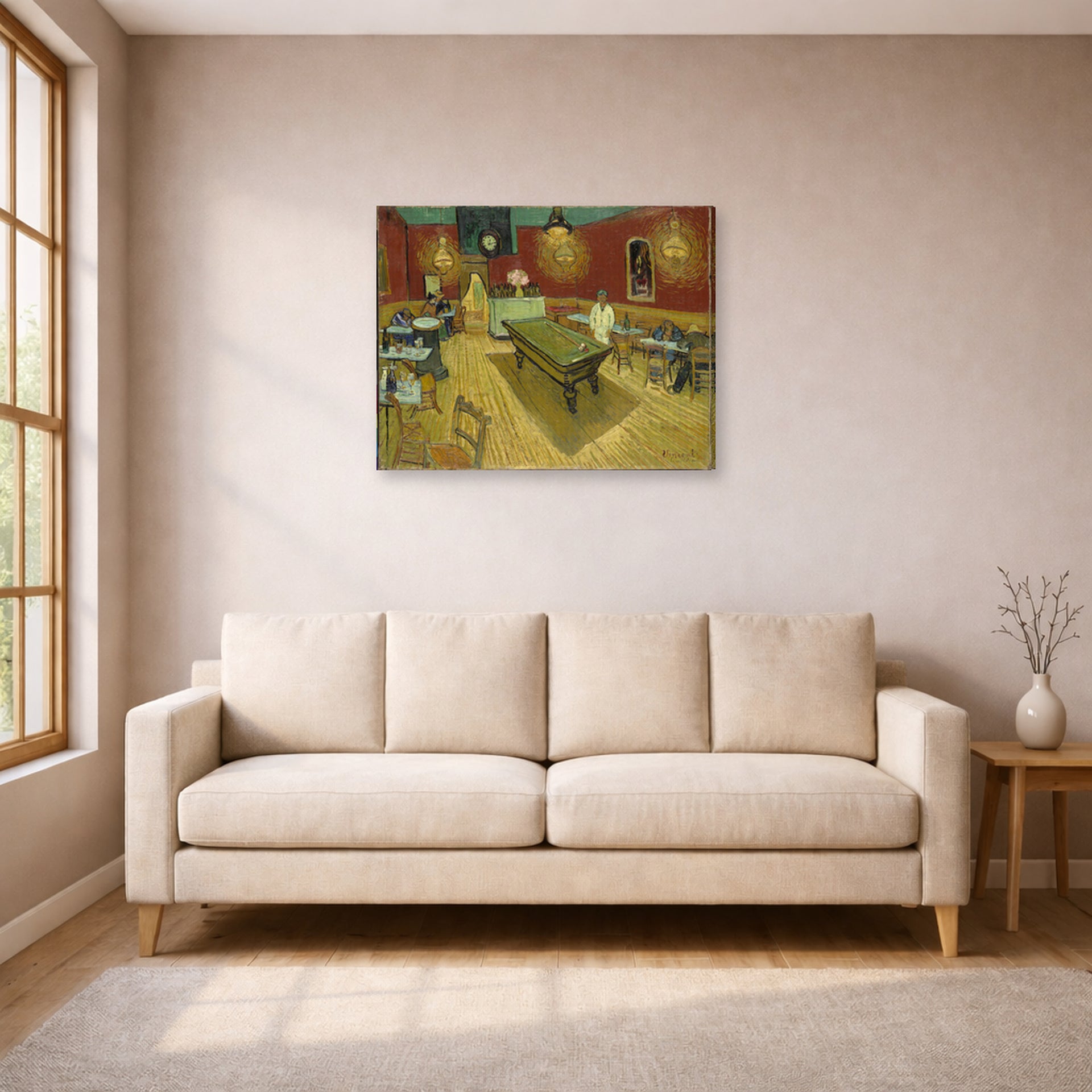Gallery-wrapped canvas print of Vincent van Gogh's Night Café displayed on a wall in a living room