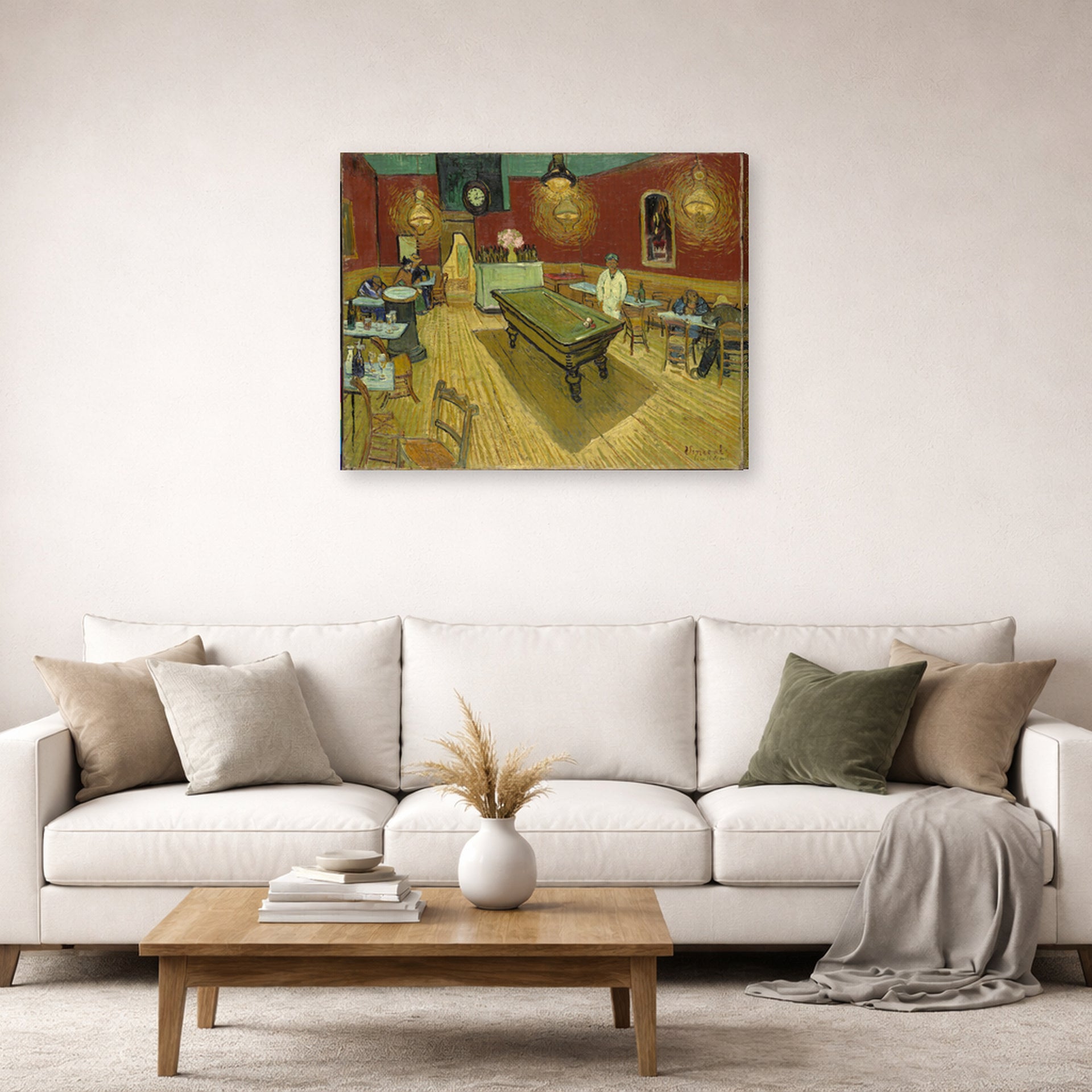 Gallery-wrapped canvas print of Vincent van Gogh's Night Café displayed on a wall in a living room