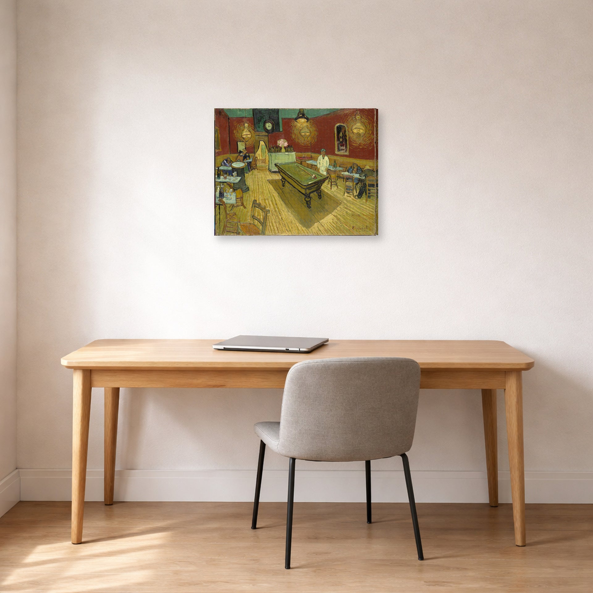 Gallery-wrapped canvas print of Vincent van Gogh's Night Café displayed on a wall in a home office