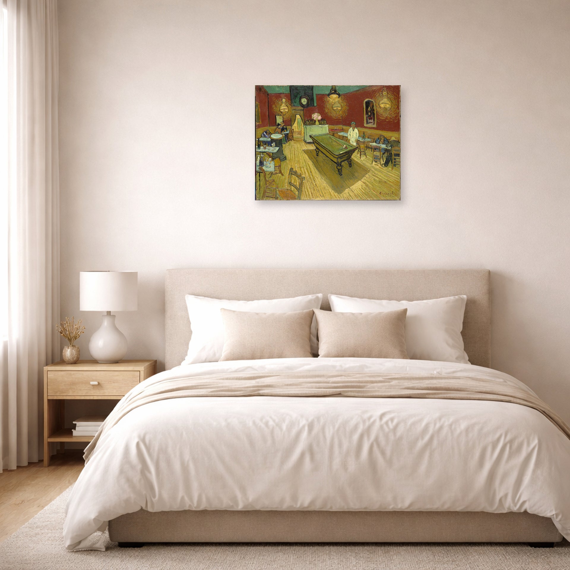 Unframed poster print of Vincent van Gogh's Night Café displayed on a wall in a bedroom