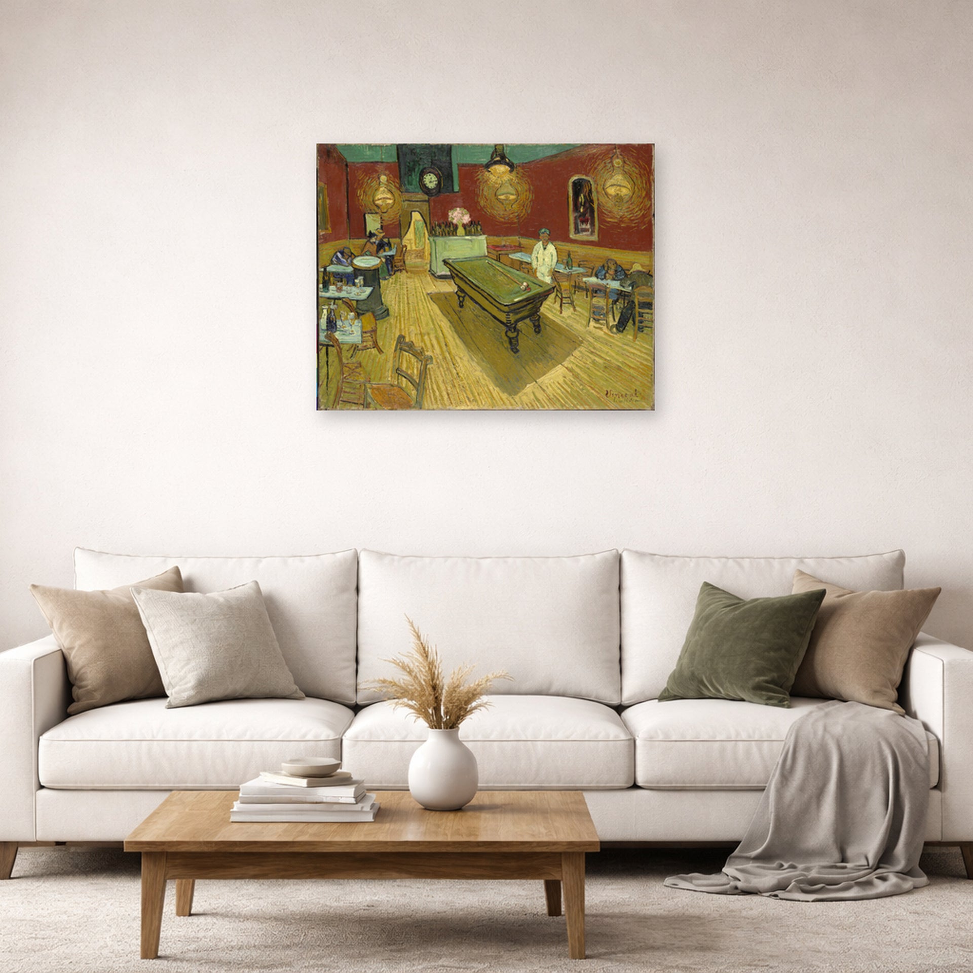Unframed poster print of Vincent van Gogh's Night Café displayed on a wall in a living room