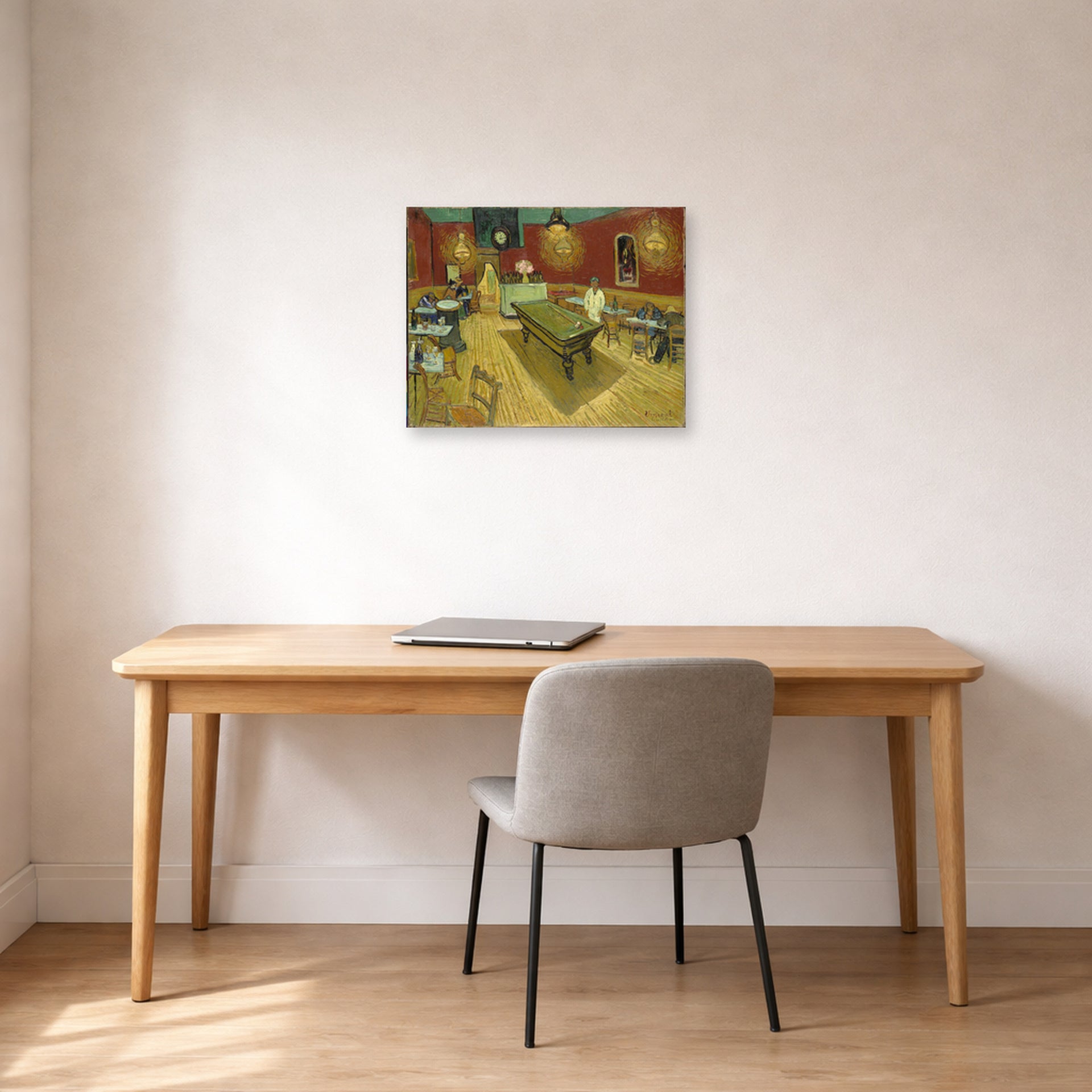 Unframed poster print of Vincent van Gogh's Night Café displayed on a wall in a home office