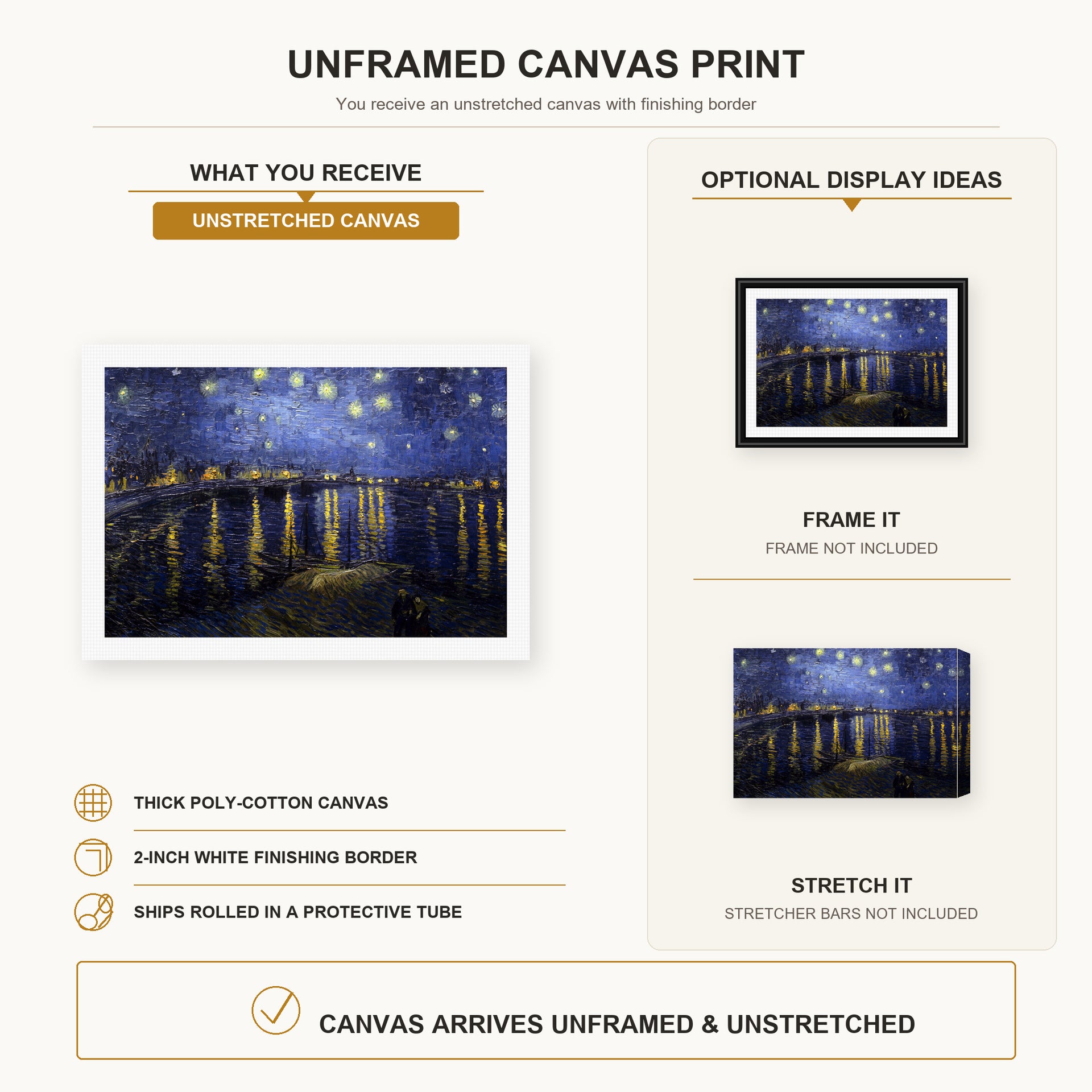 Vincent van Gogh - Night over the Rhone canvas print size comparison and framing display infographic