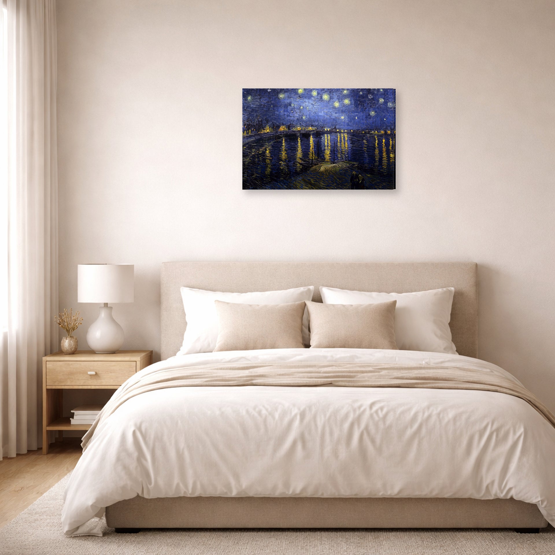 Gallery-wrapped canvas print of Vincent van Gogh's Night over the Rhone displayed on a wall in a bedroom