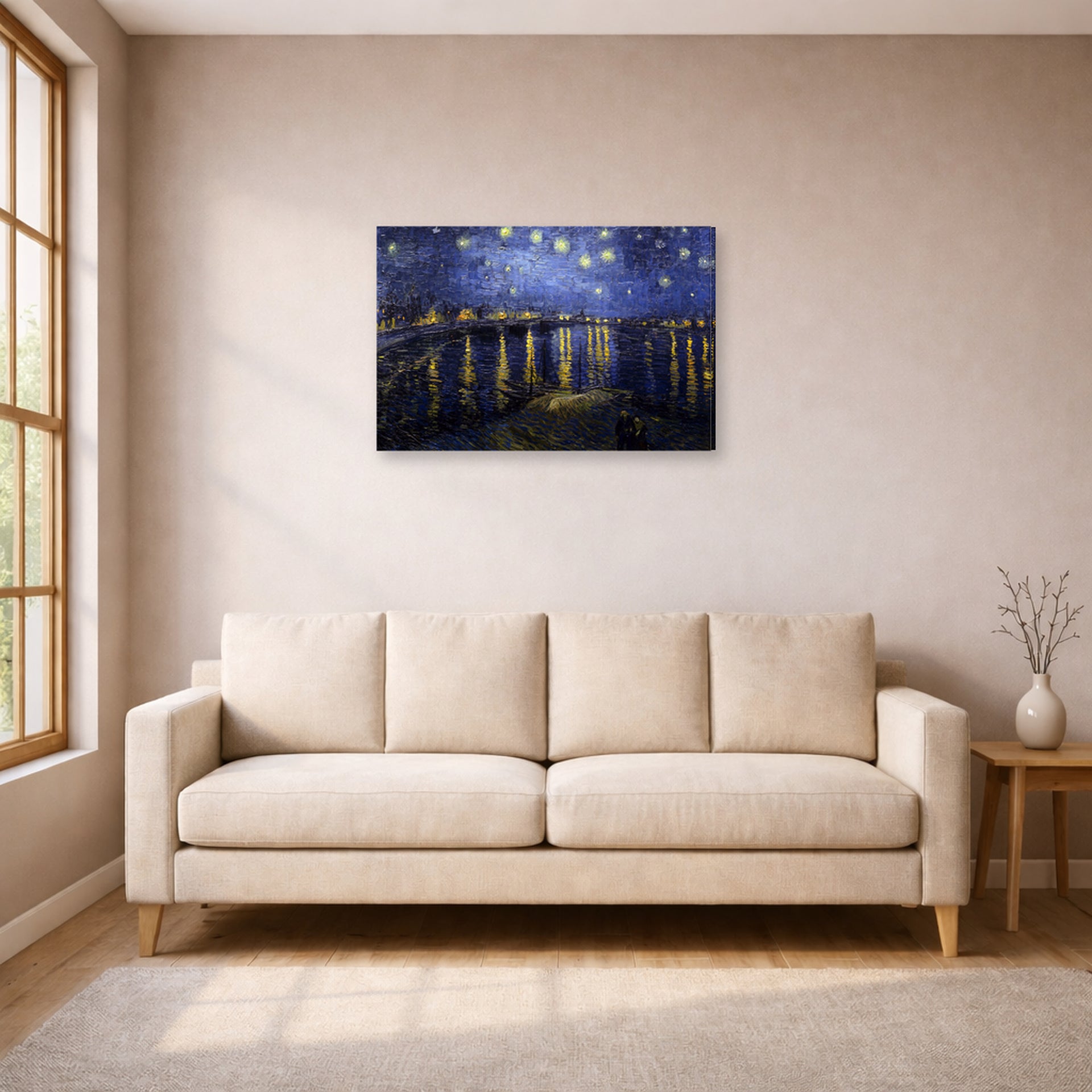 Gallery-wrapped canvas print of Vincent van Gogh's Night over the Rhone displayed on a wall in a living room