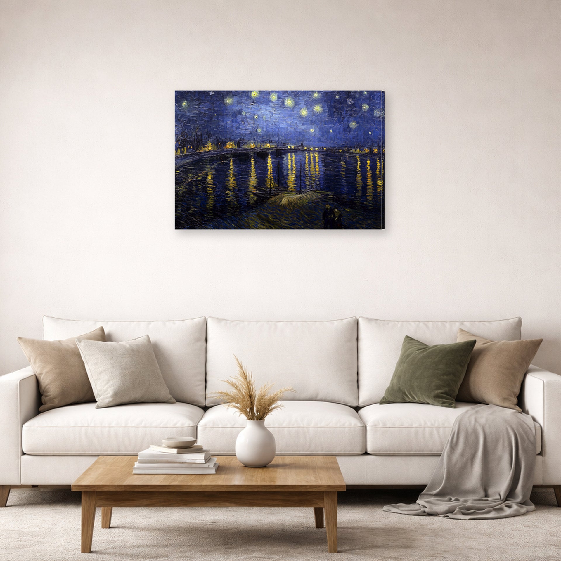 Gallery-wrapped canvas print of Vincent van Gogh's Night over the Rhone displayed on a wall in a living room