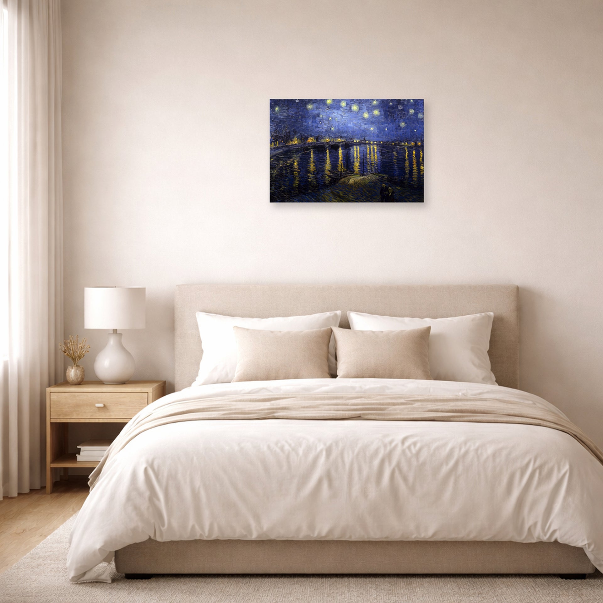 Unframed poster print of Vincent van Gogh's Night over the Rhone displayed on a wall in a bedroom