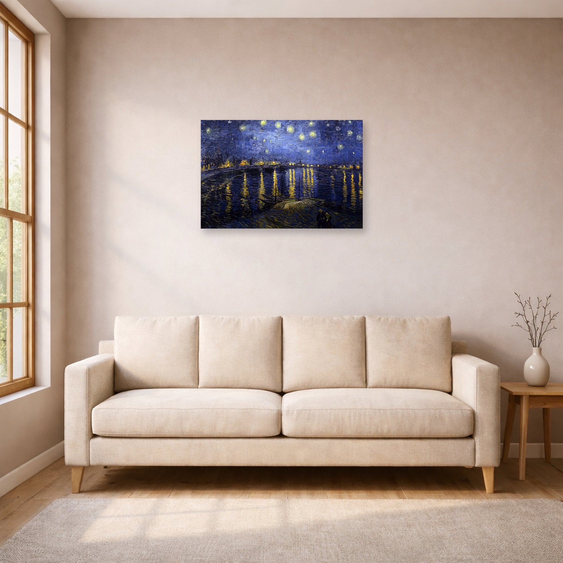 Unframed poster print of Vincent van Gogh's Night over the Rhone displayed on a wall in a living room