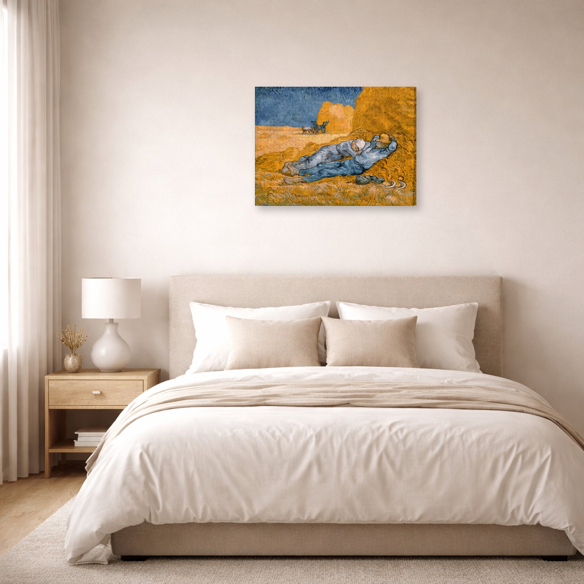 Gallery-wrapped canvas print of Vincent van Gogh's Noon Rest from Work displayed on a wall in a bedroom