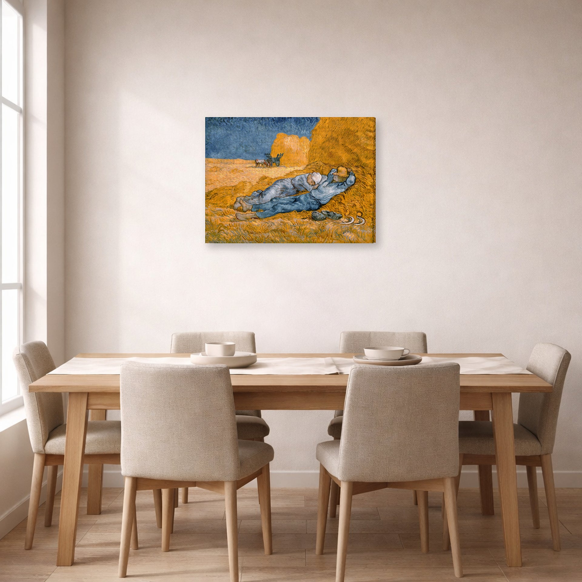 Gallery-wrapped canvas print of Vincent van Gogh's Noon Rest from Work displayed on a wall in a dining room
