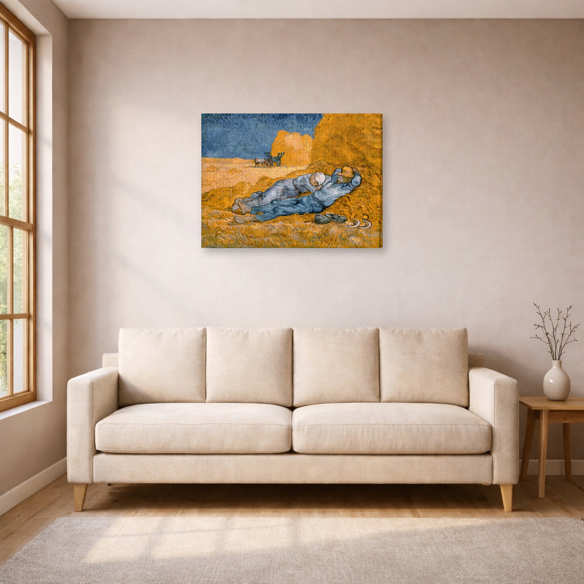 Gallery-wrapped canvas print of Vincent van Gogh's Noon Rest from Work displayed on a wall in a living room