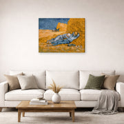 Gallery-wrapped canvas print of Vincent van Gogh's Noon Rest from Work displayed on a wall in a living room