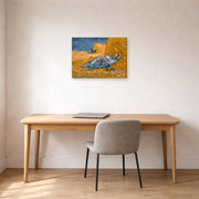 Gallery-wrapped canvas print of Vincent van Gogh's Noon Rest from Work displayed on a wall in a home office