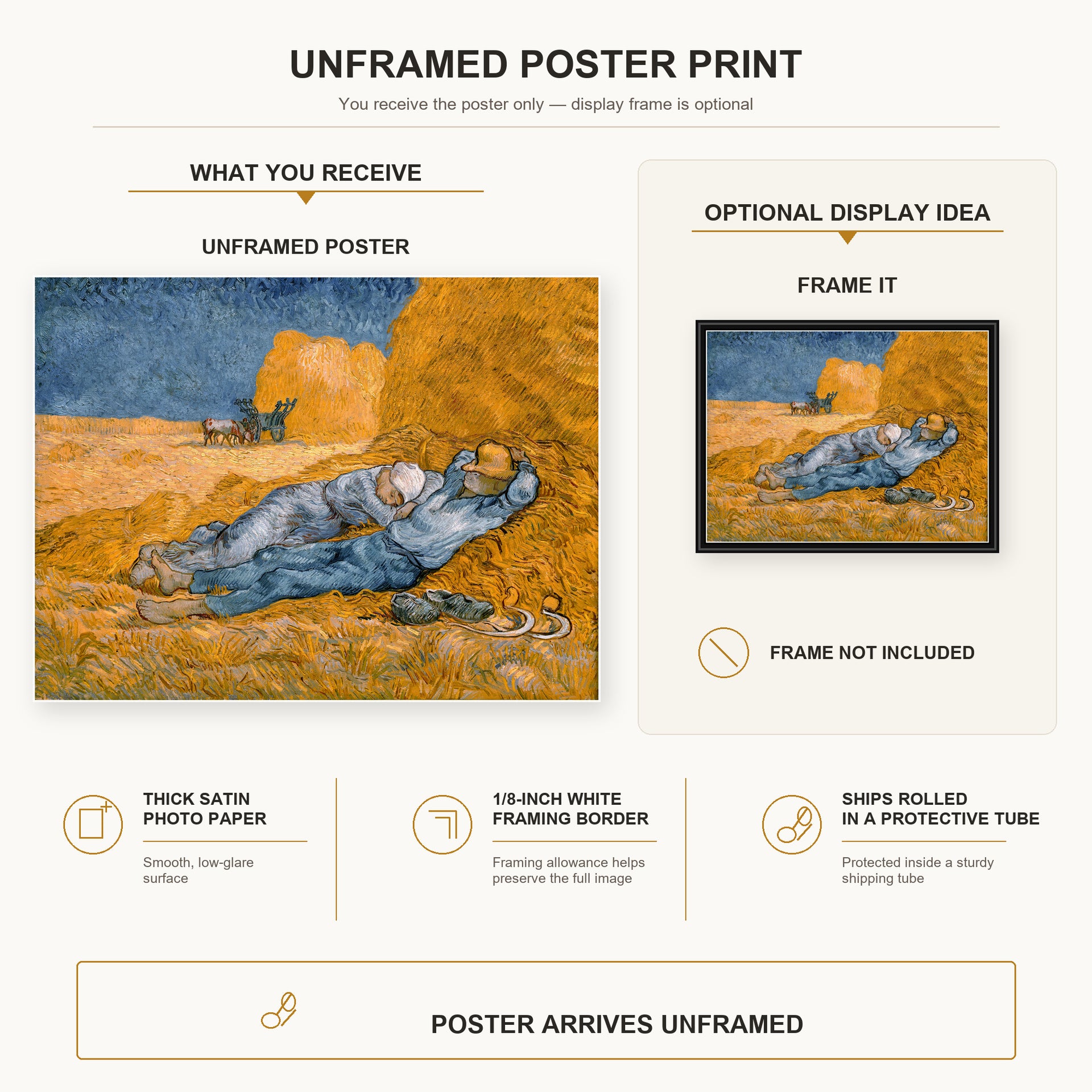 Vincent van Gogh - Noon Rest from Work poster print size comparison and framing display infographic