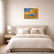 Unframed poster print of Vincent van Gogh's Noon Rest from Work displayed on a wall in a bedroom