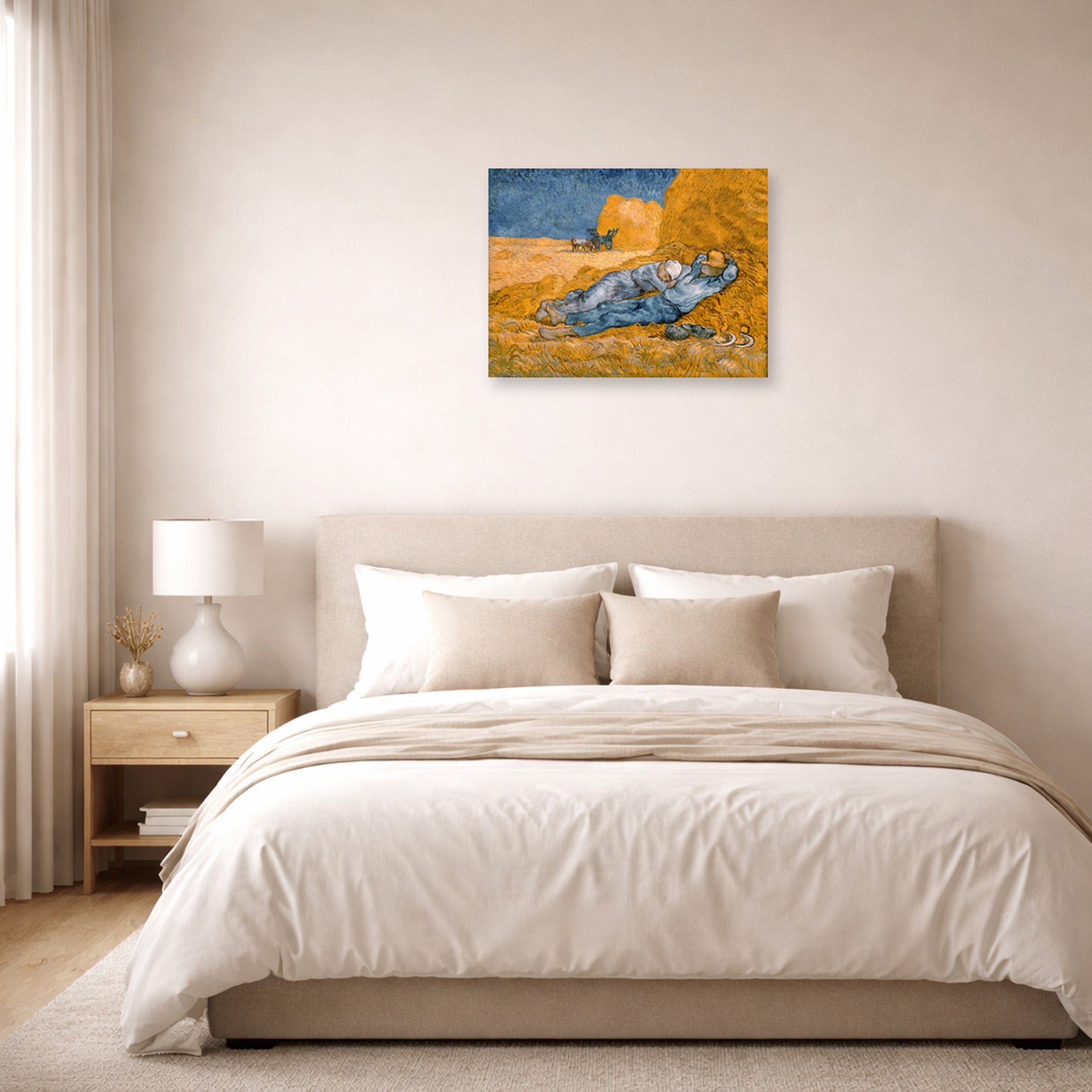 Unframed poster print of Vincent van Gogh's Noon Rest from Work displayed on a wall in a bedroom