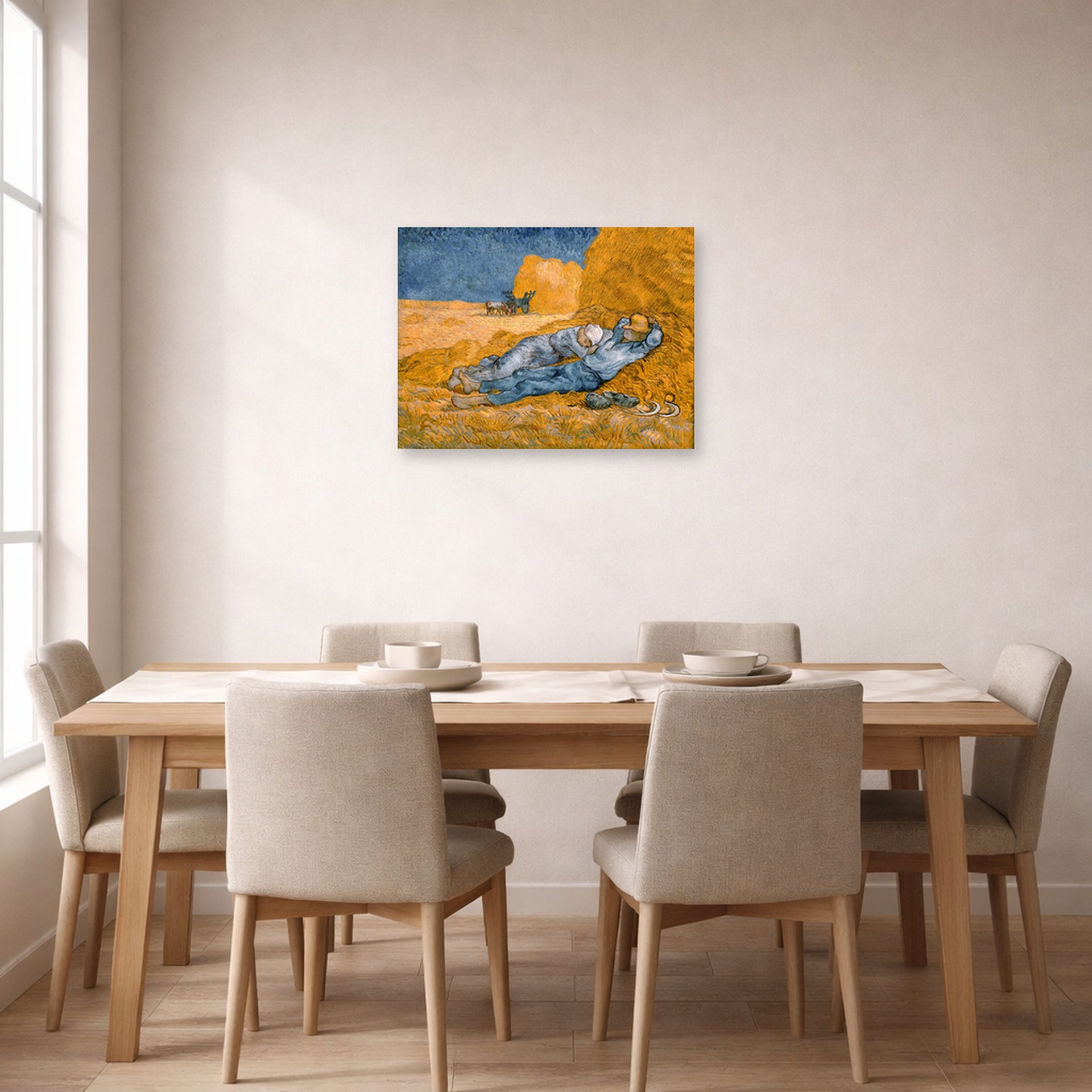 Unframed poster print of Vincent van Gogh's Noon Rest from Work displayed on a wall in a dining room