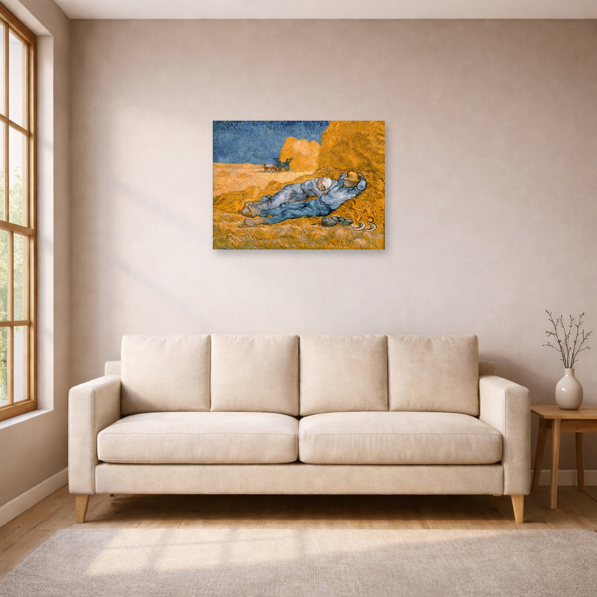 Unframed poster print of Vincent van Gogh's Noon Rest from Work displayed on a wall in a living room