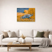 Unframed poster print of Vincent van Gogh's Noon Rest from Work displayed on a wall in a living room