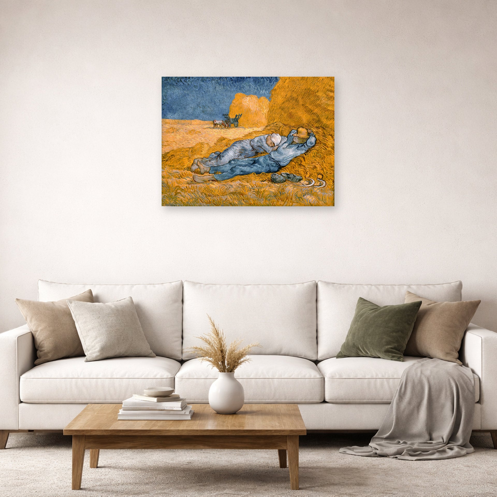 Unframed poster print of Vincent van Gogh's Noon Rest from Work displayed on a wall in a living room