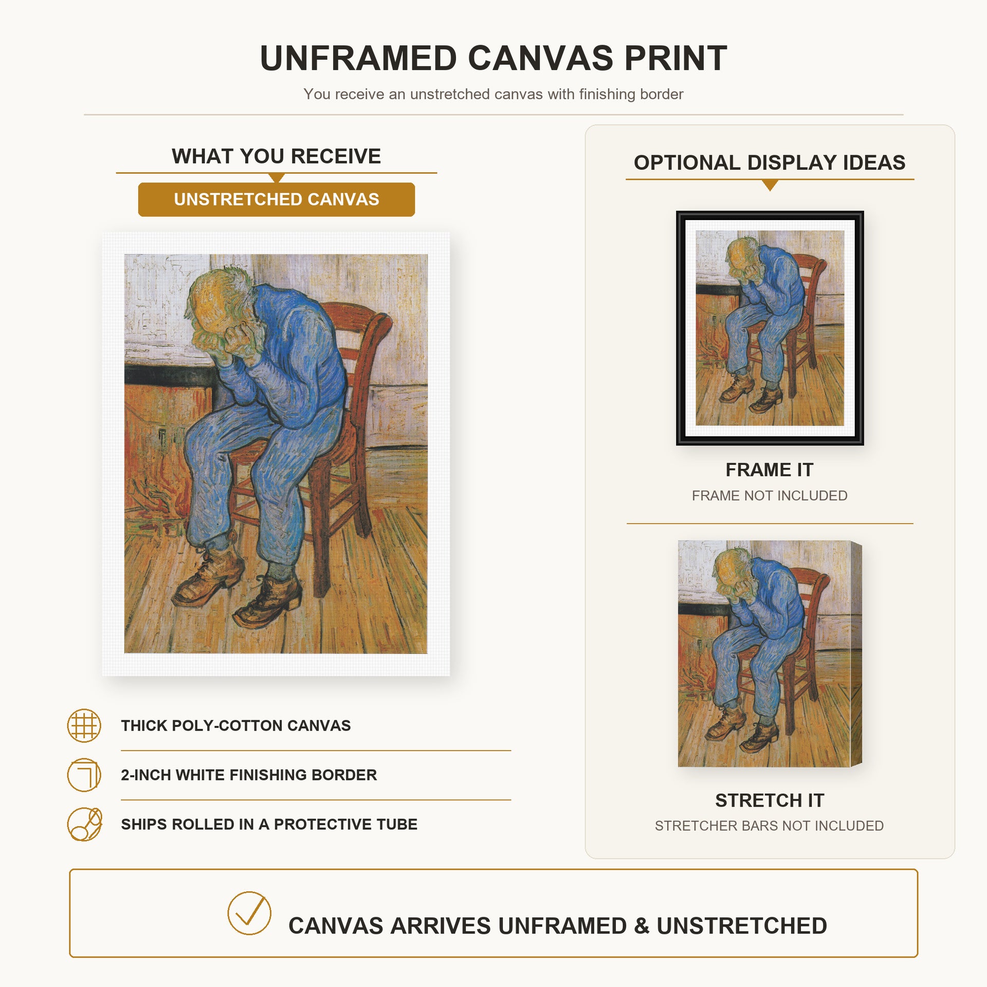 Vincent van Gogh - Old Man in Sorrow on the Threshold of Eternity canvas print size comparison and framing display infographic