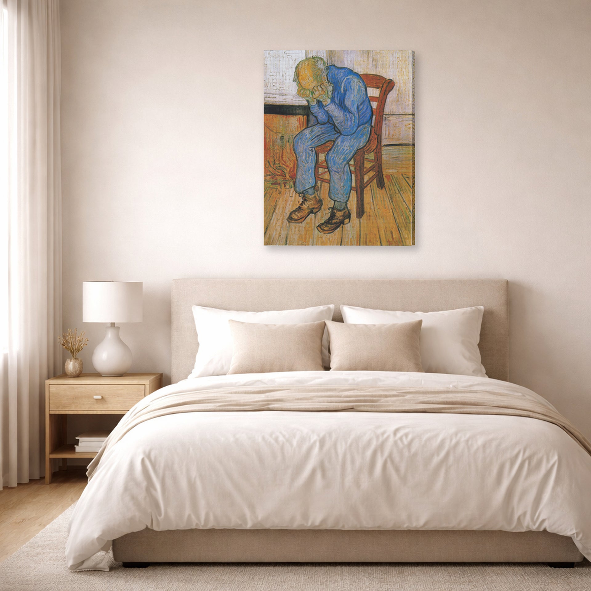 Gallery-wrapped canvas print of Vincent van Gogh's Old Man in Sorrow on the Threshold of Eternity displayed on a wall in a bedroom