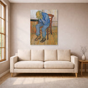 Gallery-wrapped canvas print of Vincent van Gogh's Old Man in Sorrow on the Threshold of Eternity displayed on a wall in a living room