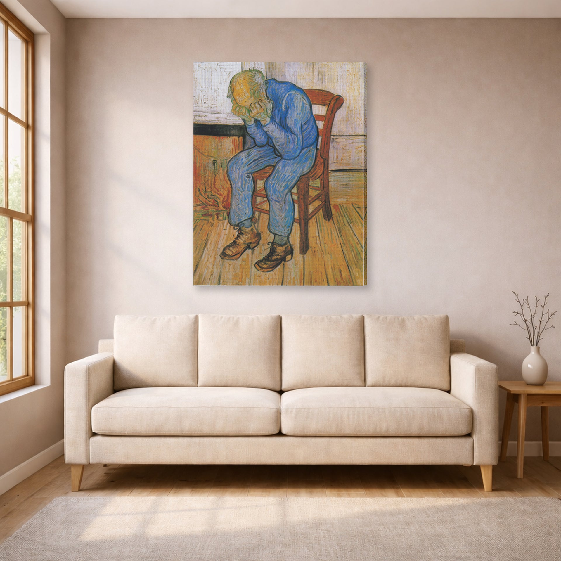 Gallery-wrapped canvas print of Vincent van Gogh's Old Man in Sorrow on the Threshold of Eternity displayed on a wall in a living room