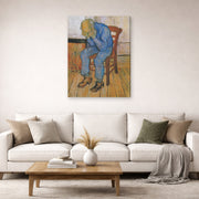 Gallery-wrapped canvas print of Vincent van Gogh's Old Man in Sorrow on the Threshold of Eternity displayed on a wall in a living room