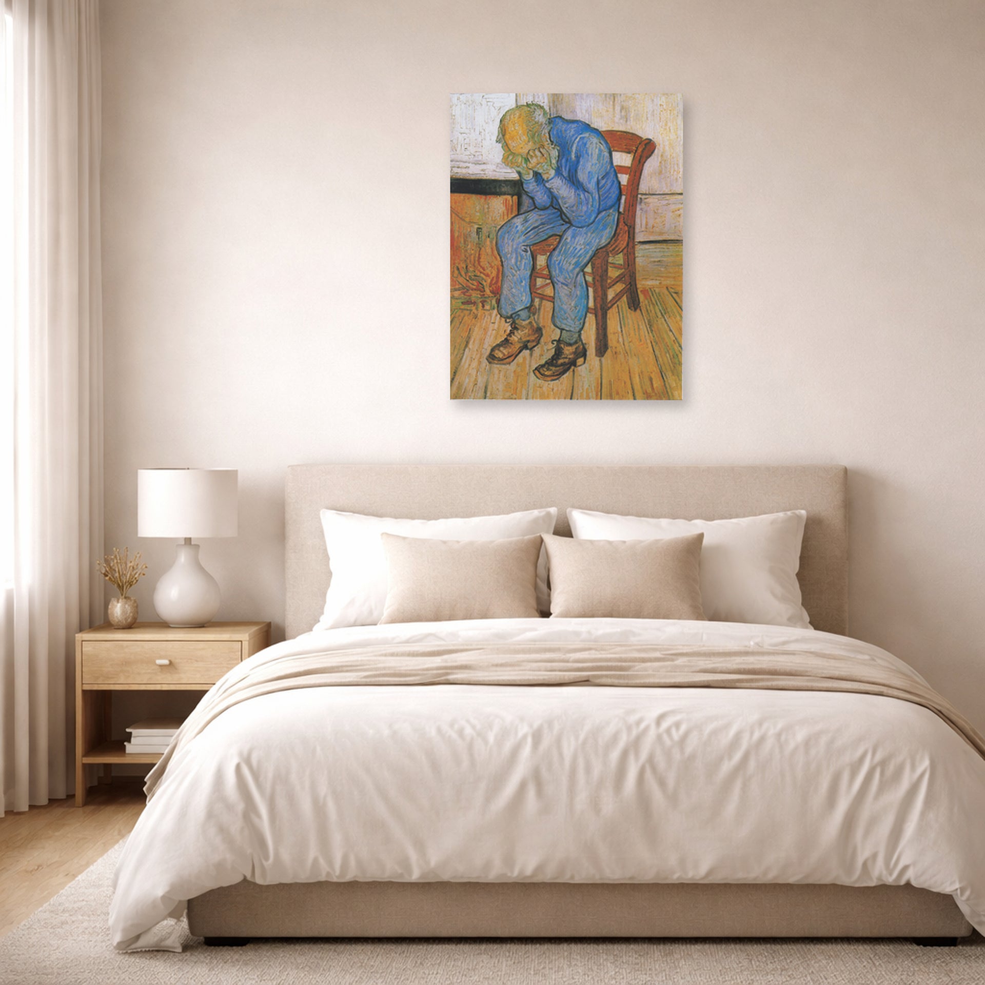 Unframed poster print of Vincent van Gogh's Old Man in Sorrow on the Threshold of Eternity displayed on a wall in a bedroom