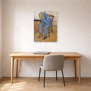 Unframed poster print of Vincent van Gogh's Old Man in Sorrow on the Threshold of Eternity displayed on a wall in a home office