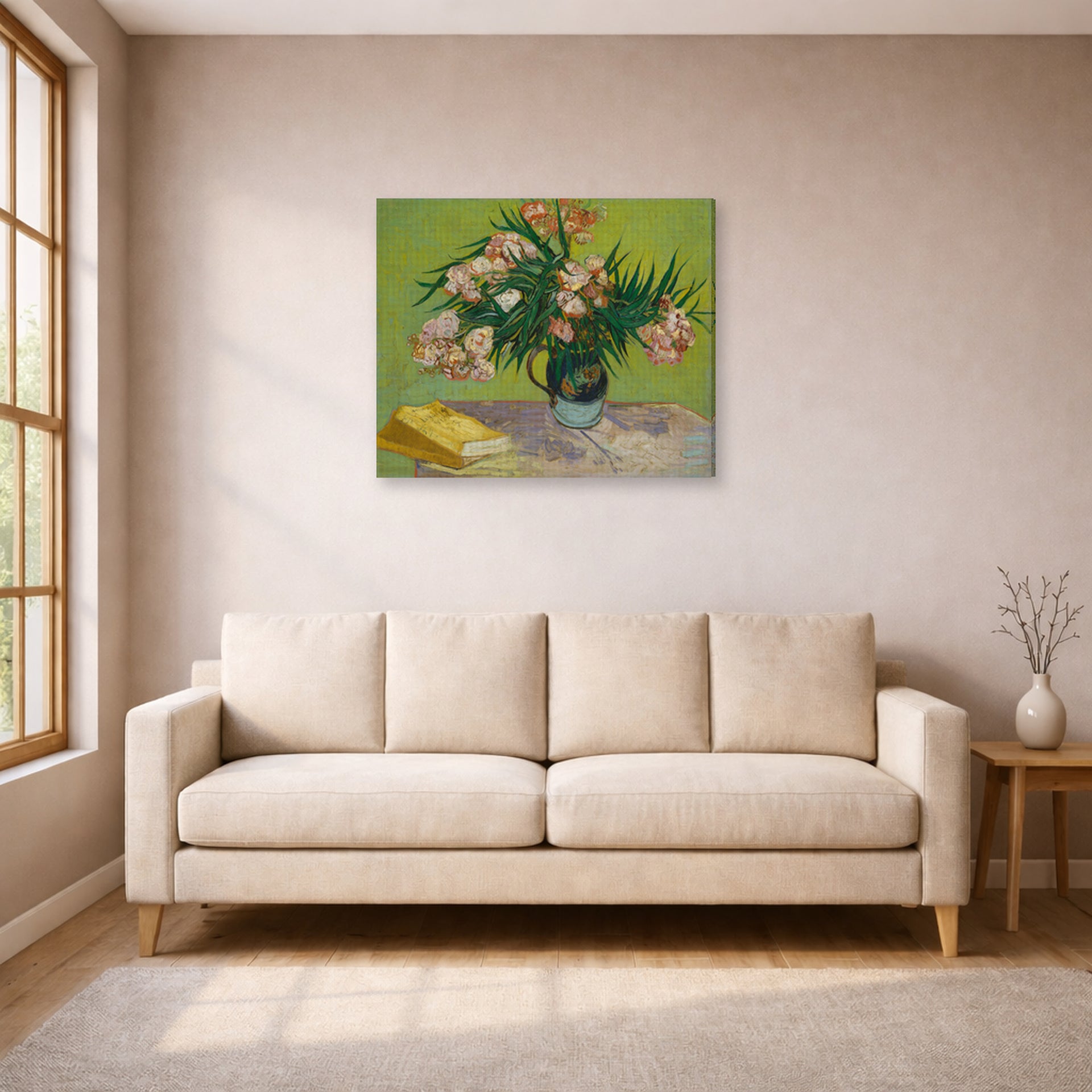 Gallery-wrapped canvas print of Vincent van Gogh's Oleanders displayed on a wall in a living room
