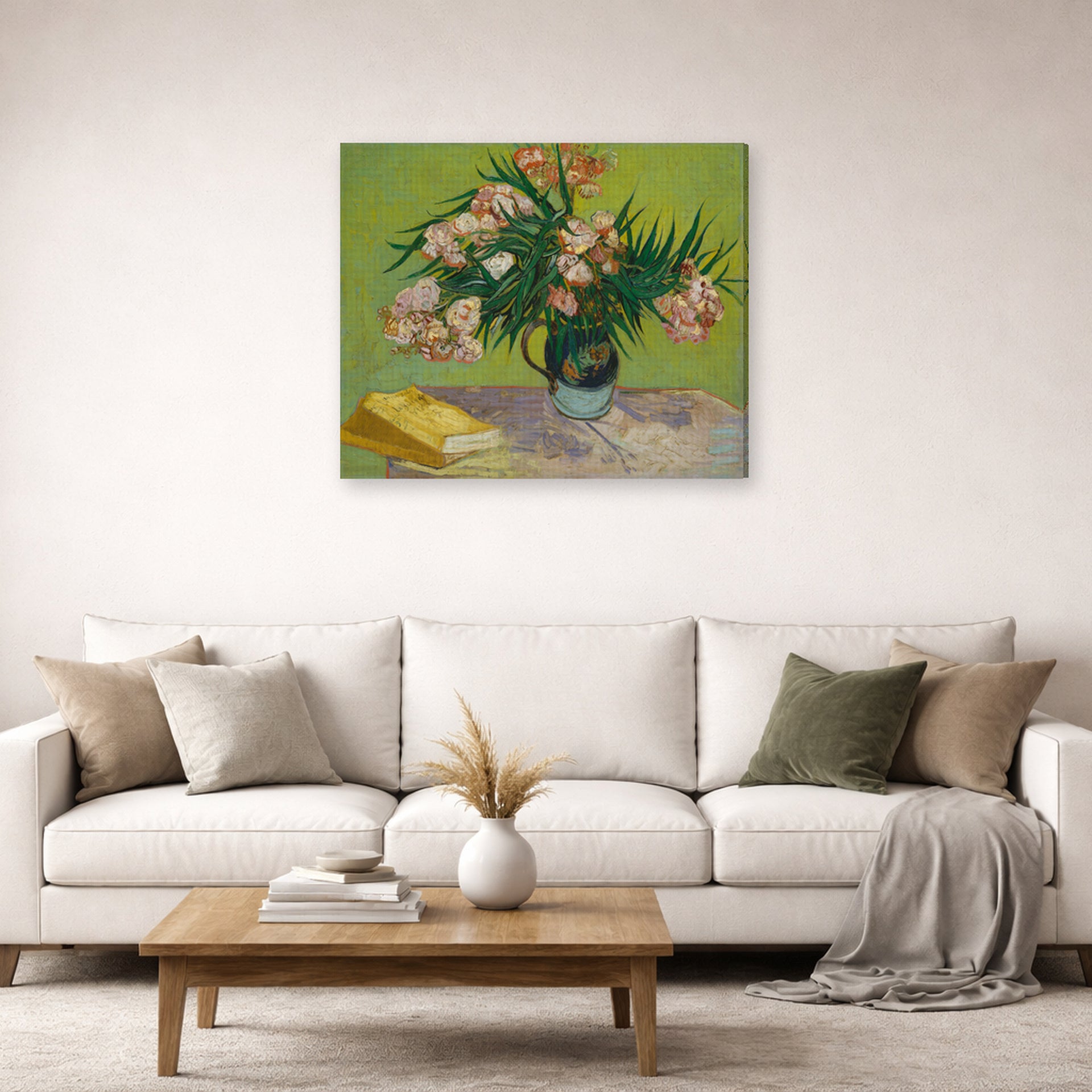 Gallery-wrapped canvas print of Vincent van Gogh's Oleanders displayed on a wall in a living room