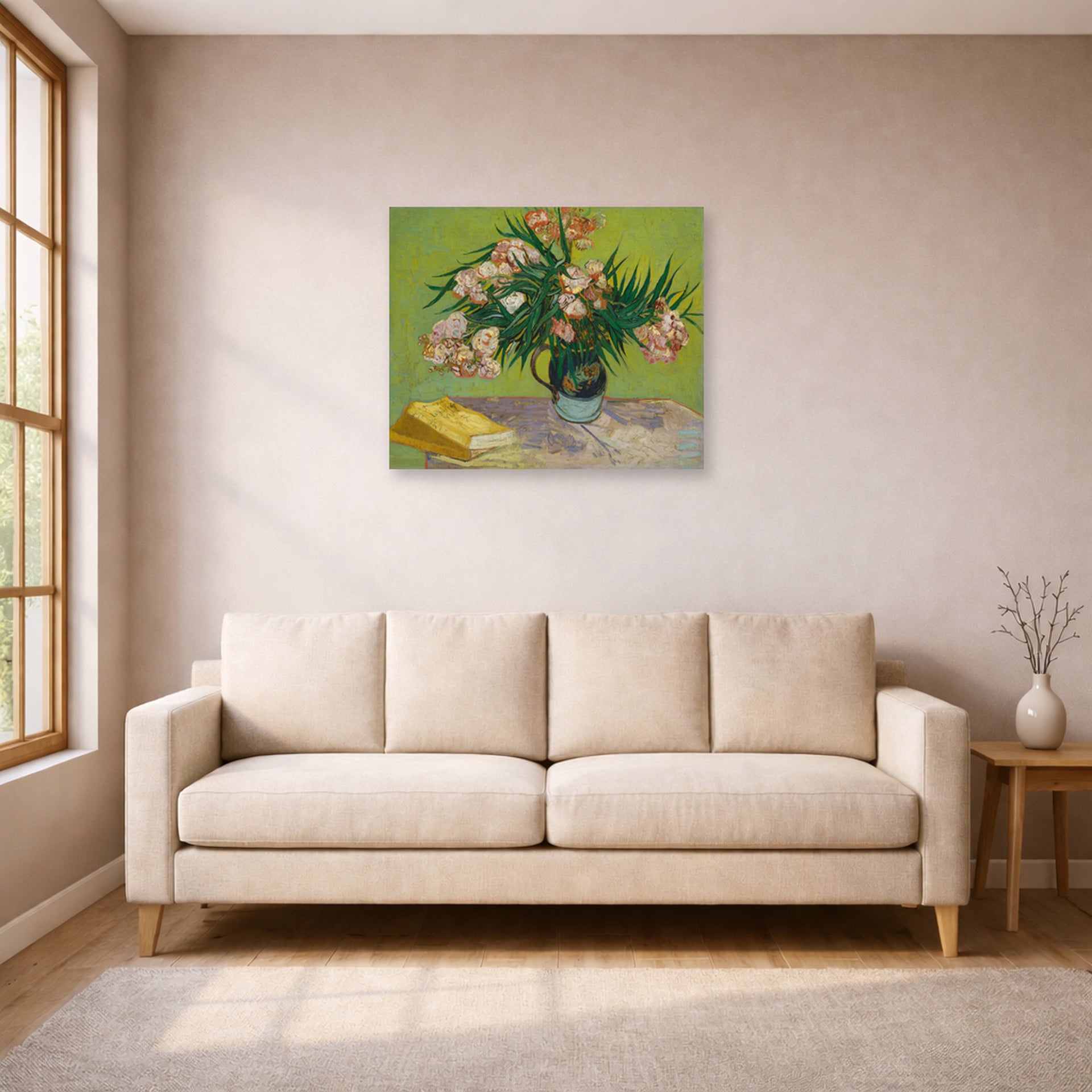 Unframed poster print of Vincent van Gogh's Oleanders displayed on a wall in a living room