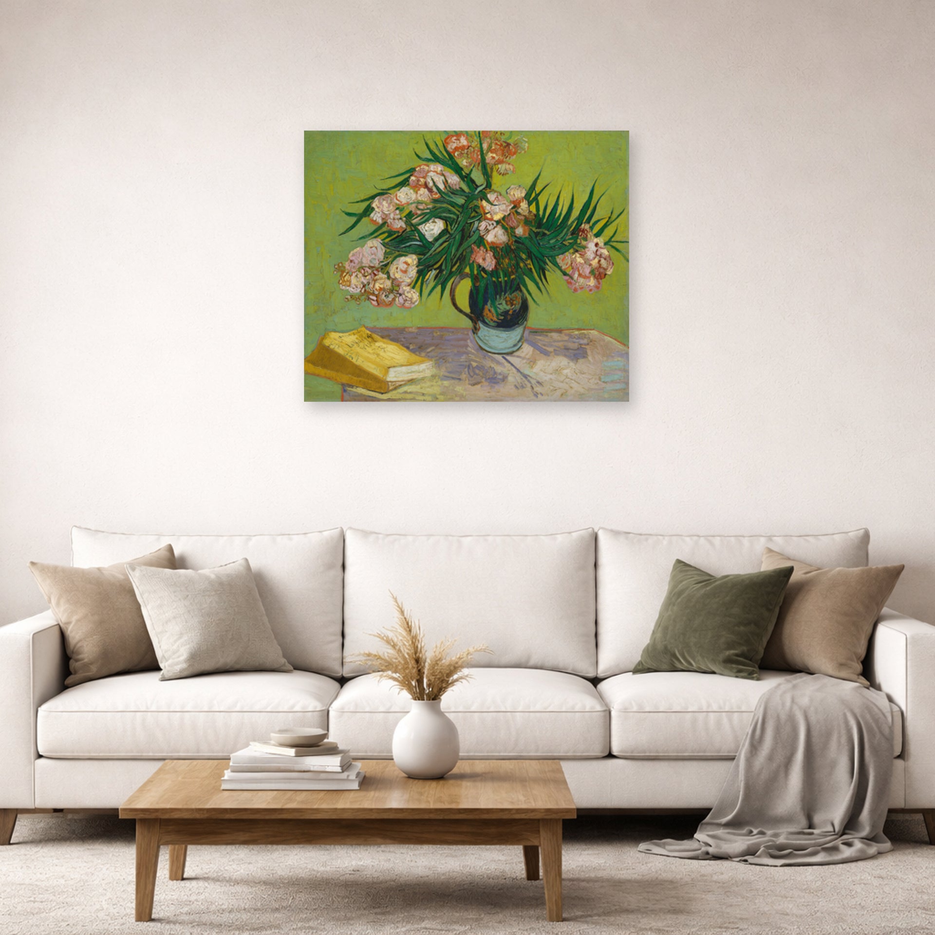 Unframed poster print of Vincent van Gogh's Oleanders displayed on a wall in a living room