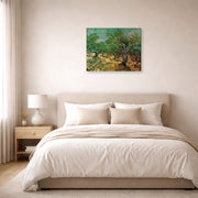 Gallery-wrapped canvas print of Vincent van Gogh's Olive Grove displayed on a wall in a bedroom