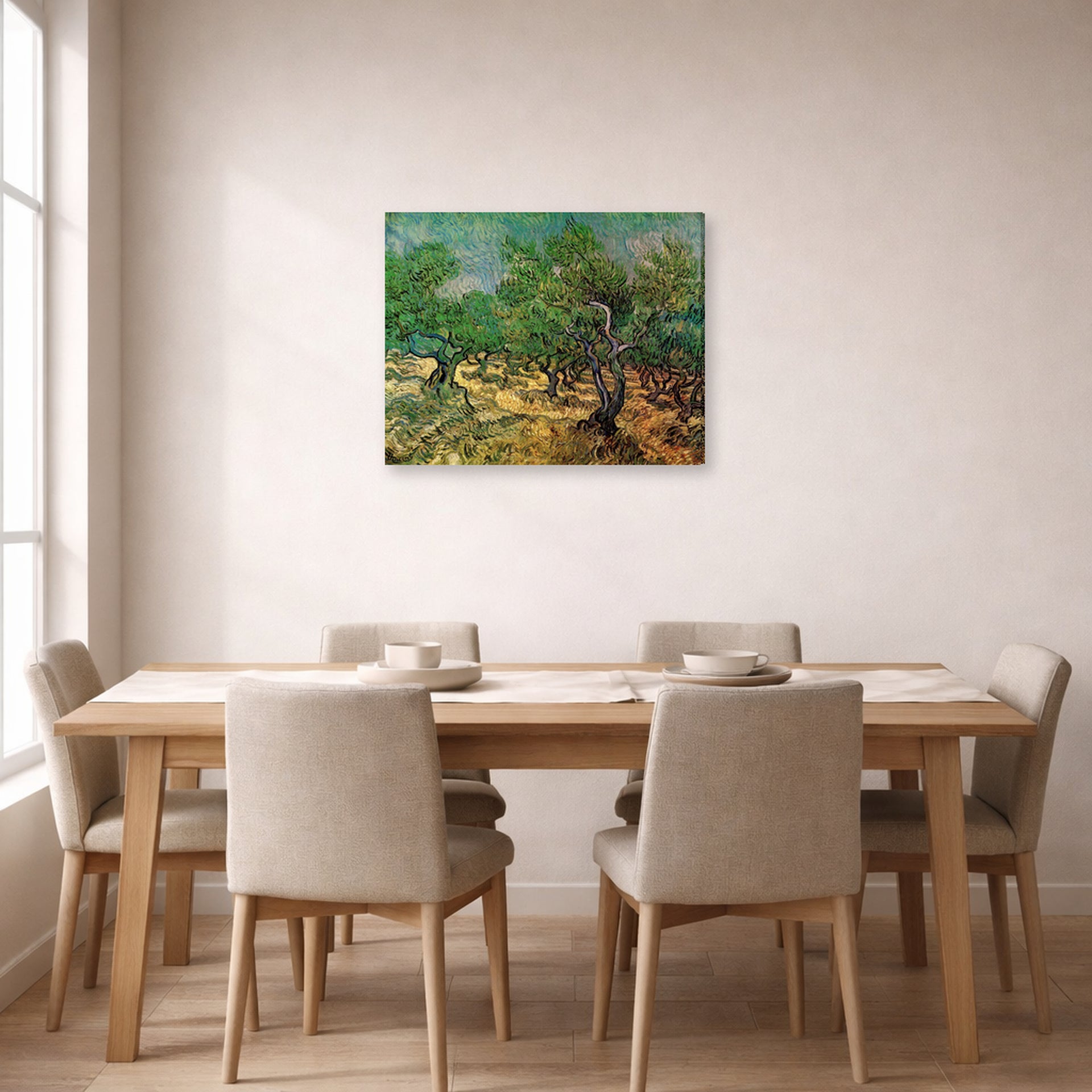 Gallery-wrapped canvas print of Vincent van Gogh's Olive Grove displayed on a wall in a dining room