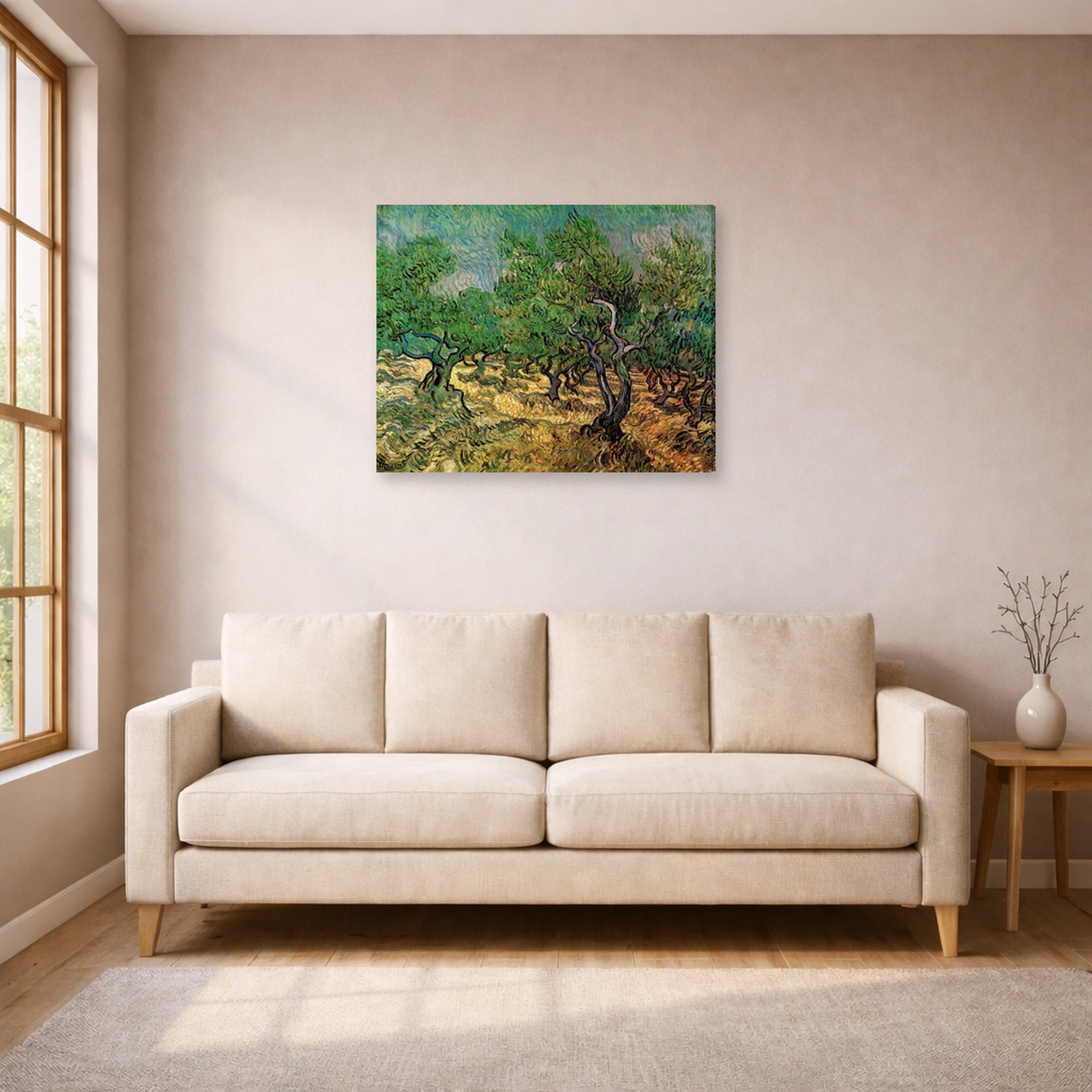 Gallery-wrapped canvas print of Vincent van Gogh's Olive Grove displayed on a wall in a living room
