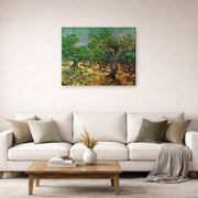 Gallery-wrapped canvas print of Vincent van Gogh's Olive Grove displayed on a wall in a living room