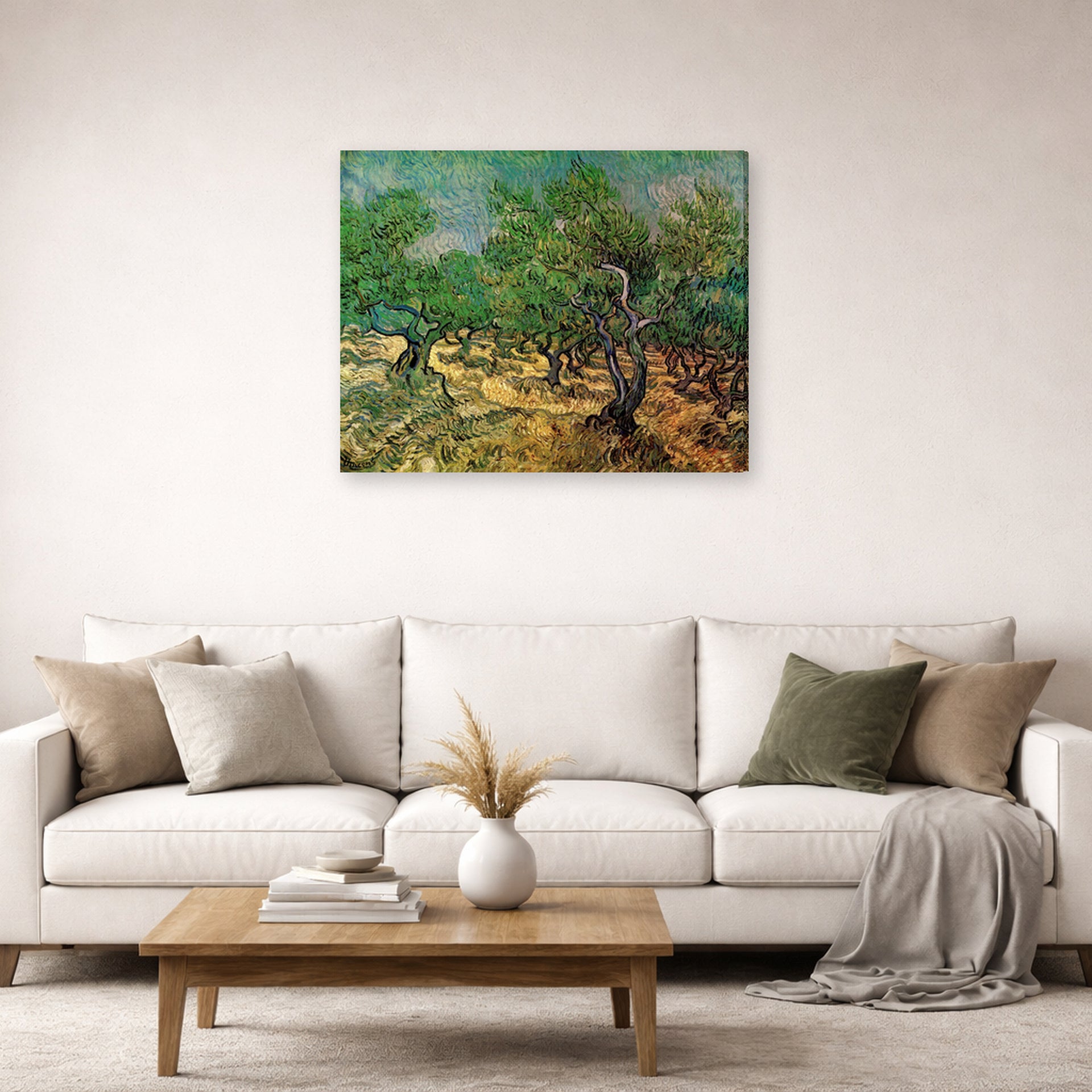 Gallery-wrapped canvas print of Vincent van Gogh's Olive Grove displayed on a wall in a living room