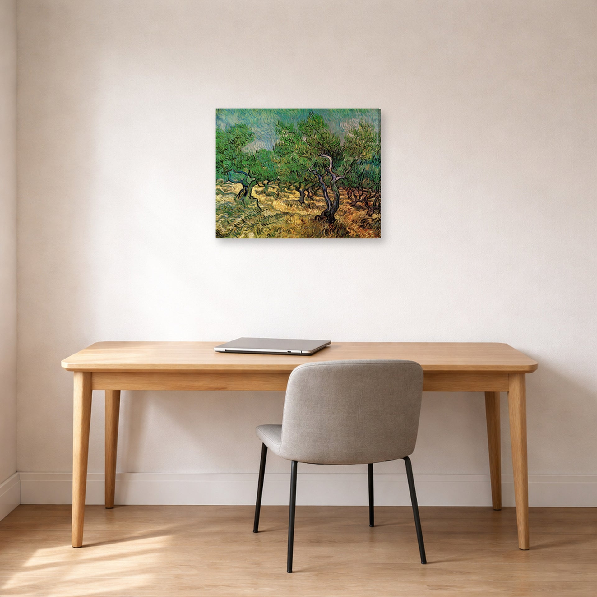 Gallery-wrapped canvas print of Vincent van Gogh's Olive Grove displayed on a wall in a home office