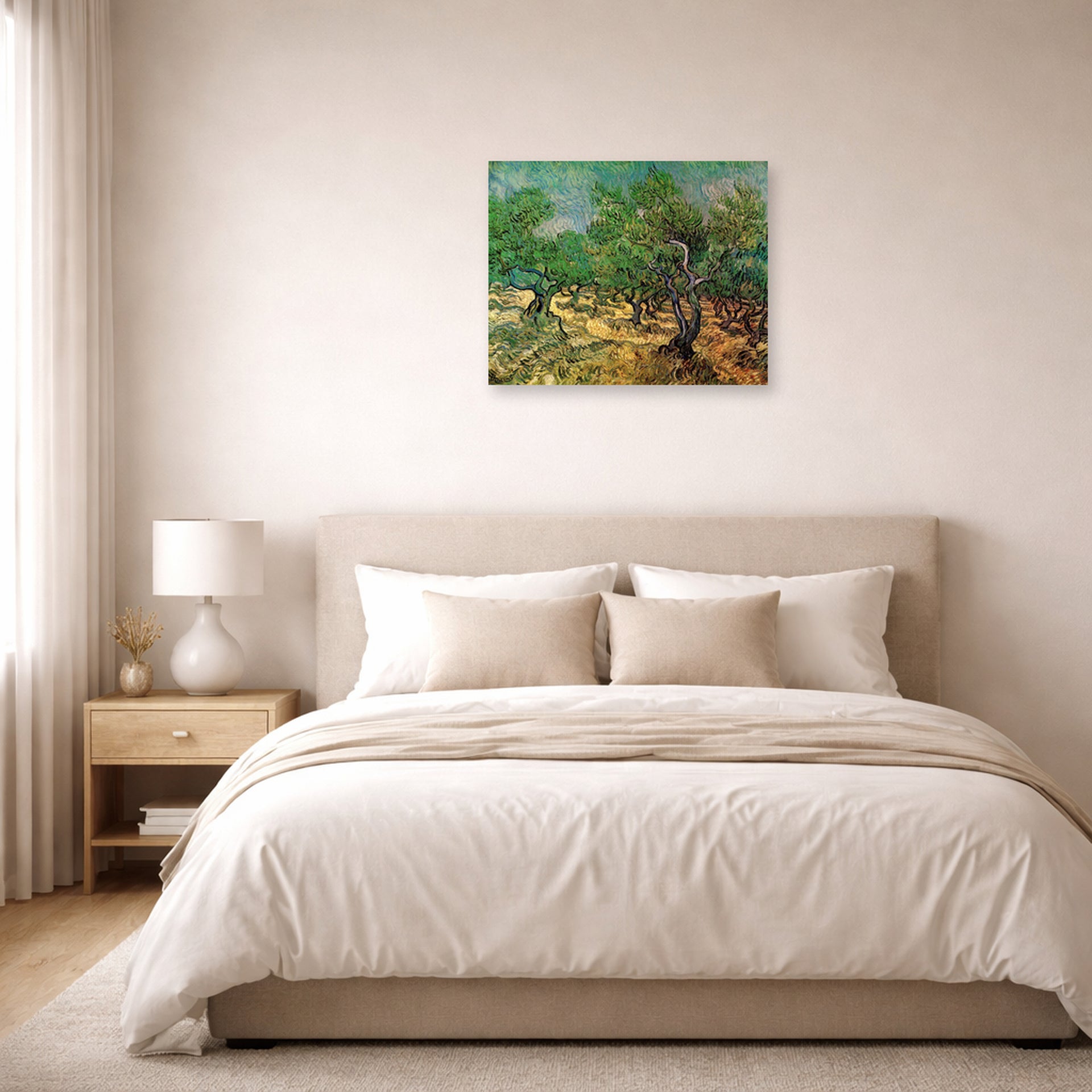 Unframed poster print of Vincent van Gogh's Olive Grove displayed on a wall in a bedroom