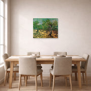 Unframed poster print of Vincent van Gogh's Olive Grove displayed on a wall in a dining room