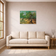 Unframed poster print of Vincent van Gogh's Olive Grove displayed on a wall in a living room