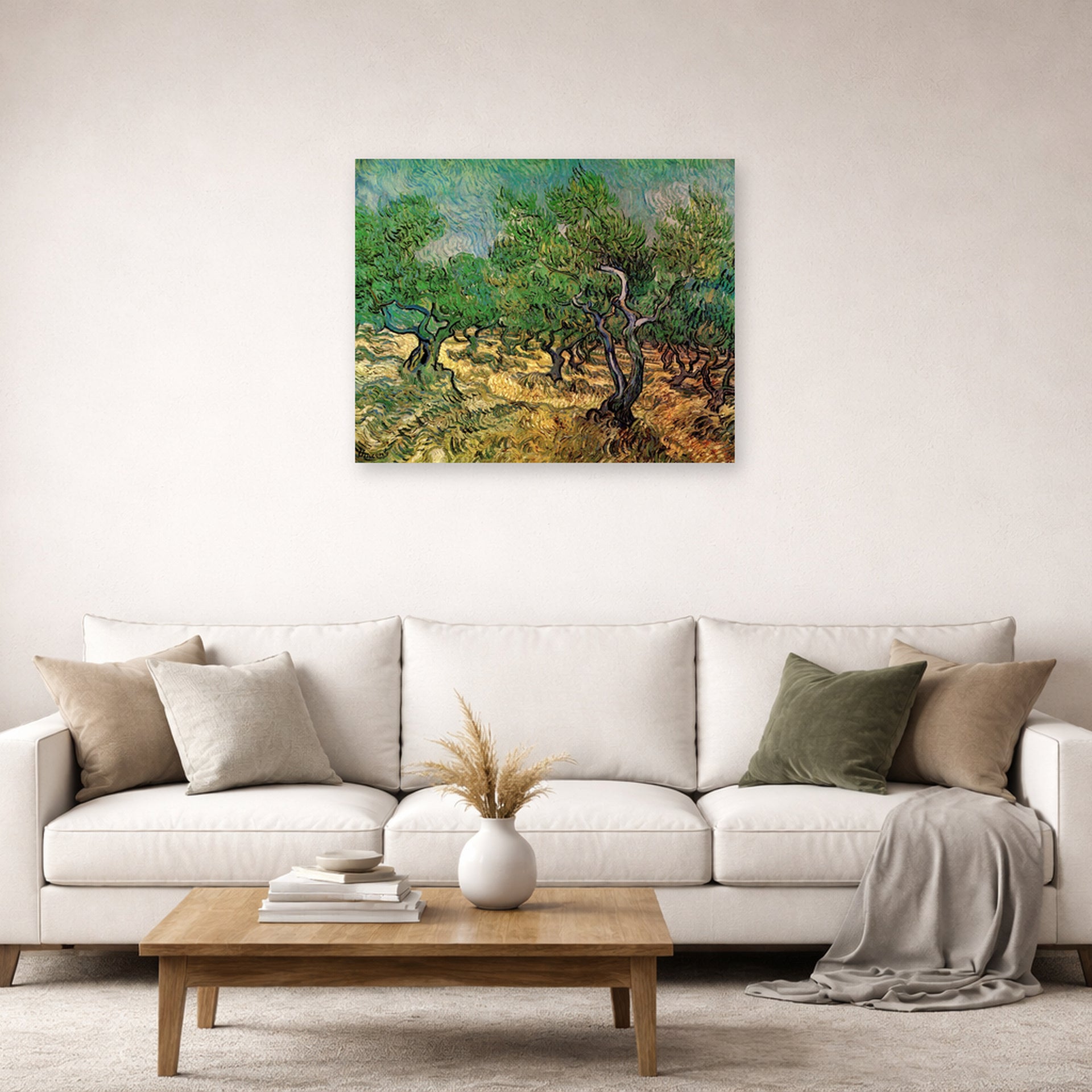 Unframed poster print of Vincent van Gogh's Olive Grove displayed on a wall in a living room