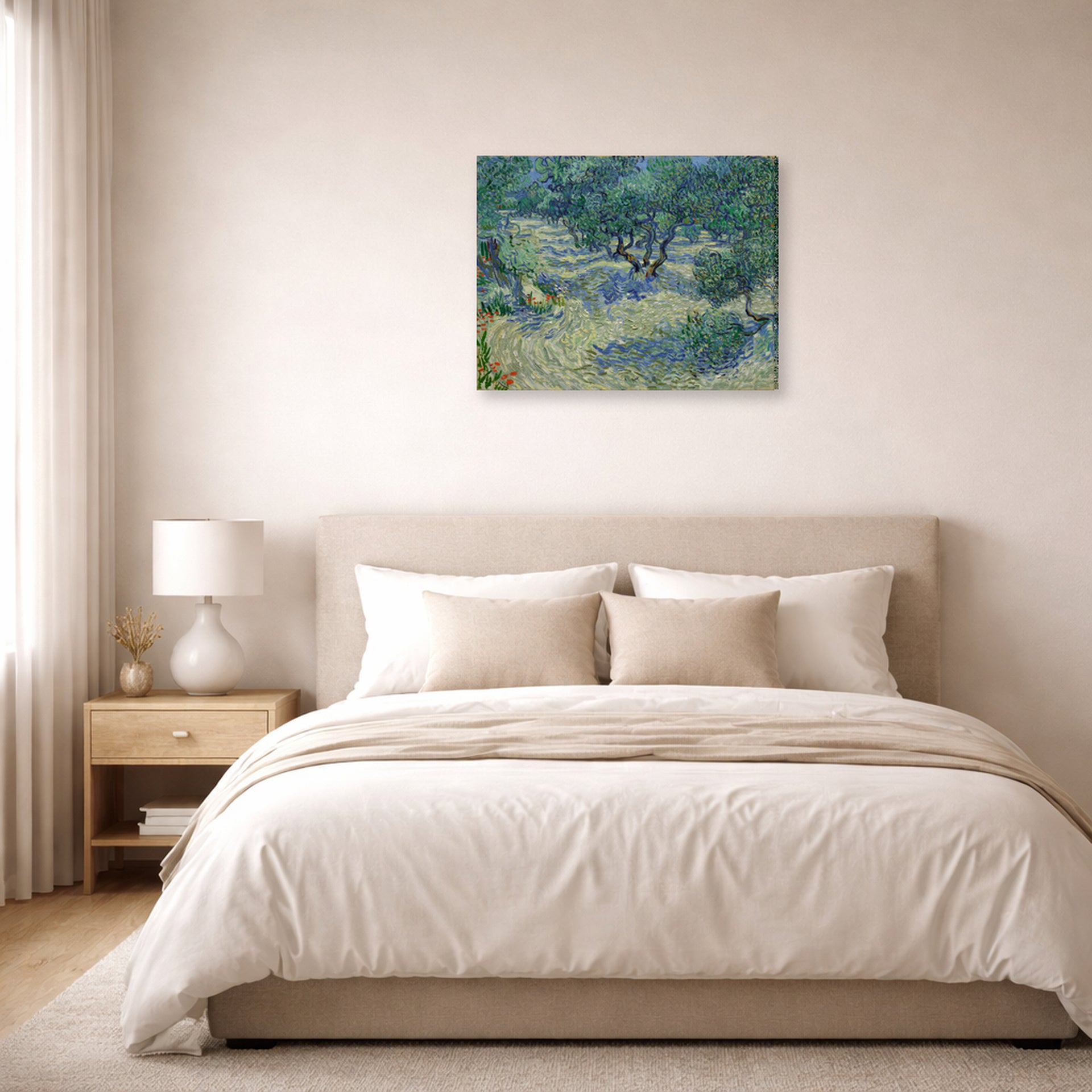 Gallery-wrapped canvas print of Vincent van Gogh's Olive Orchard displayed on a wall in a bedroom