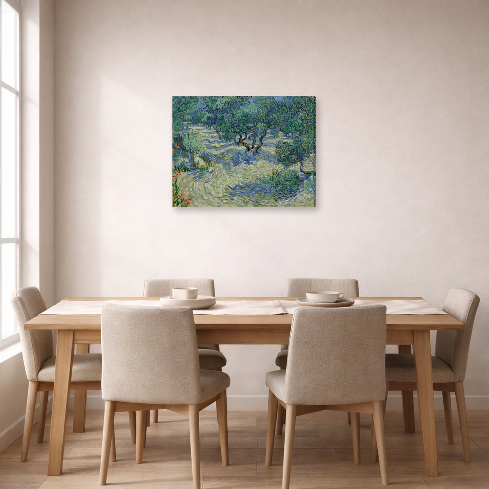 Gallery-wrapped canvas print of Vincent van Gogh's Olive Orchard displayed on a wall in a dining room